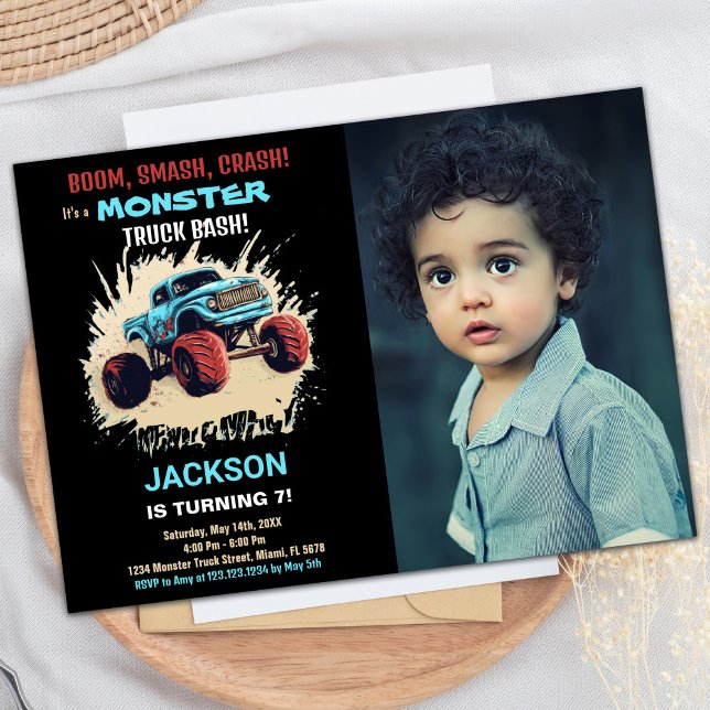 Black Monster Truck Birthday Einladungen mit Foto (Black Monster Truck Birthday Invitations w Photo)