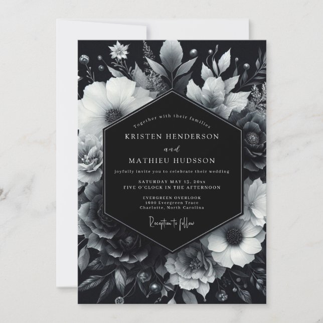 Black Moody Bloom Wedding Einladung (Vorderseite)