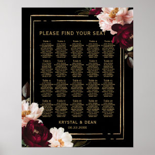 Black Moody Burgundy Blush Bloral Wedding Seating Poster