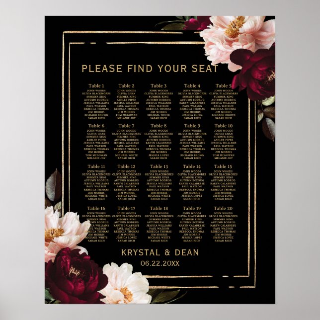 Black Moody Burgundy Blush Bloral Wedding Seating Poster (Vorne)