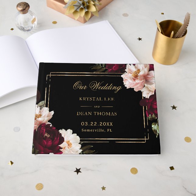 Black Moody Burgundy Blush Floral Wedding Seating  Gästebuch (Vorderseite Offen)