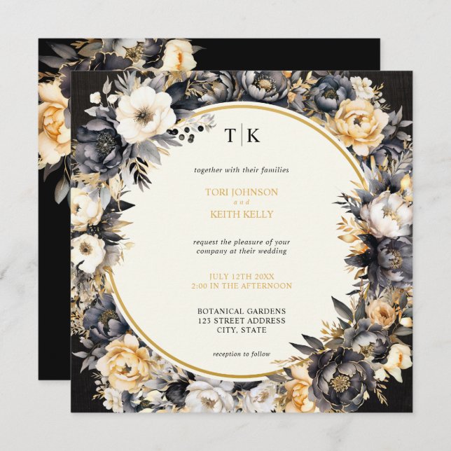 Black Moody Floral QR Code UAWG Wedding Einladung (Vorne/Hinten)