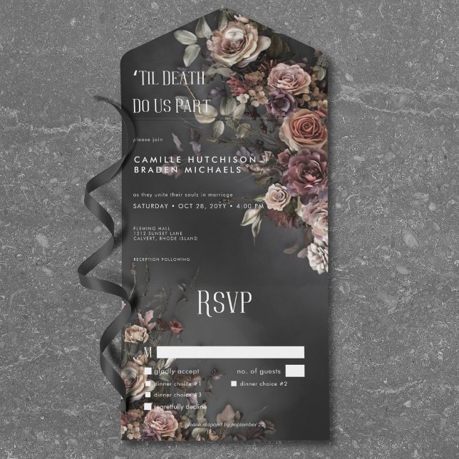 Black Moody Gothic Blume & Mist Dinner All In One Einladung (Black Moody Gothic Flowers & Mist Dinner All In One Invitation)