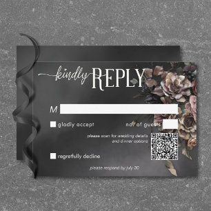 Black Moody Gothic Blume & Mist QR Code RSVP Karte