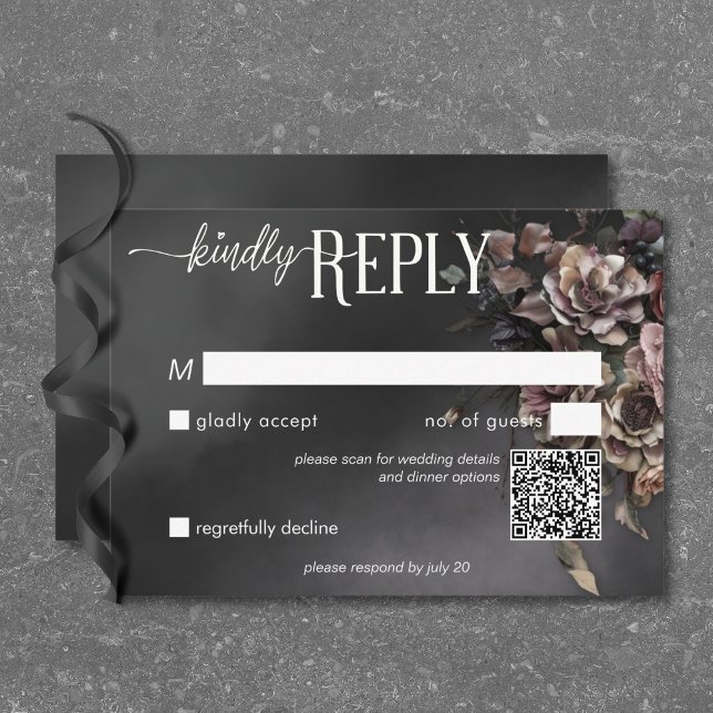 Black Moody Gothic Blume & Mist QR Code RSVP Karte (Black Moody Gothic Flowers & Mist QR Code RSVP Card)