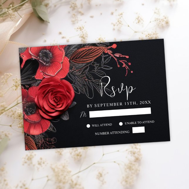 Black Moody Gothic Floral Dark Wedding RSVP Karte (Black Moody Gothic Floral Dark Wedding RSVP Card)