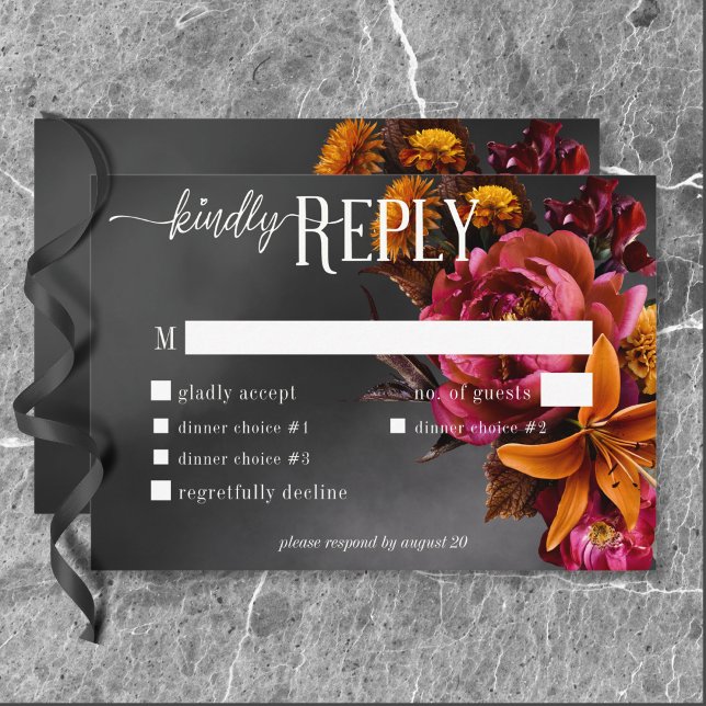 Black Moody Gothic Orange Lily Wedding Dinner RSVP Karte (Black Moody Gothic Orange Lily Wedding Dinner RSVP Card)