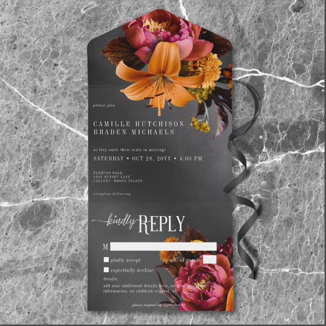 Black Moody Gothic Orange Lily Wedding No Dinner All In One Einladung (Black Moody Gothic Orange Lily Wedding No Dinner All In One Invitation)