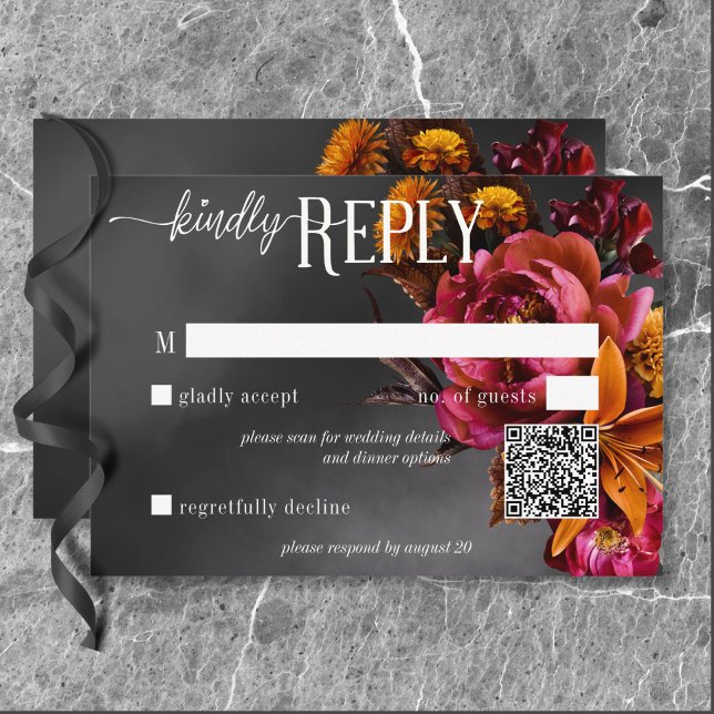 Black Moody Gothic Orange Lily Wedding QR Code RSVP Karte (Black Moody Gothic Orange Lily Wedding QR Code RSVP Card)