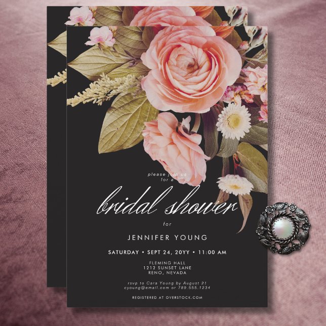 Black Moody Pink Blush Blogs Brautparty Einladung (Black Moody Pink Blush Blooms Bridal Shower Invitation)