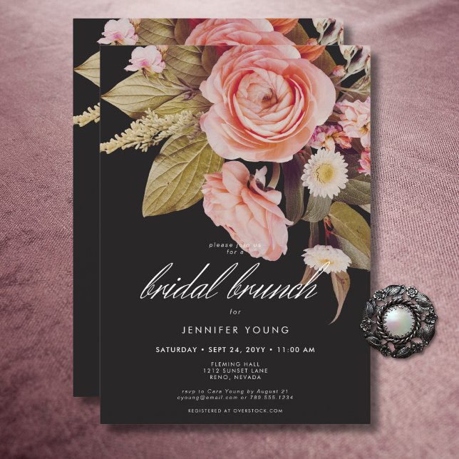 Black Moody Pink Blush Bloms Bridal Brunch Einladung (Black Moody Pink Blush Blooms Bridal Brunch Invitation)