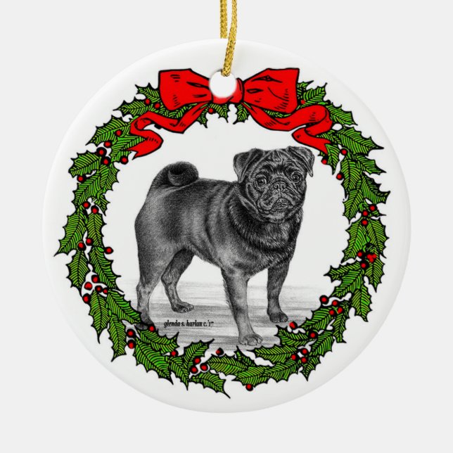 Black Mops Dog Art von Glenda S. Harlan Keramik Ornament (Vorne)