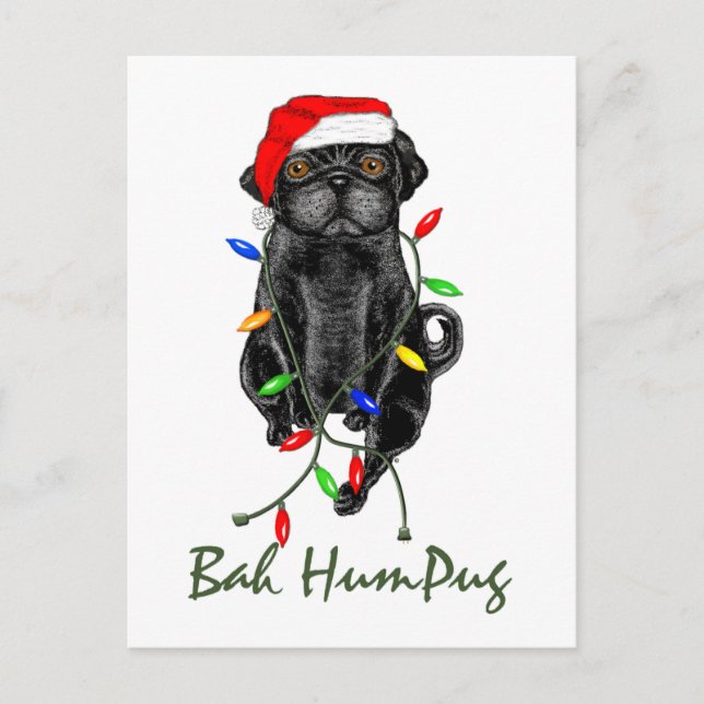 Black Mops Dog Bah Humpug Weihnachten Postkarte (Vorderseite)