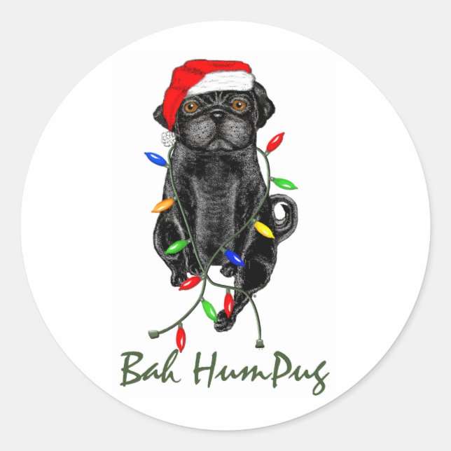 Black Mops Dog Bah Humpug Weihnachten Runder Aufkleber (Vorderseite)