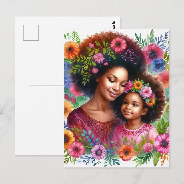 Black Mother and Daughter Floral Watercolor Postkarte (Vorne/Hinten)