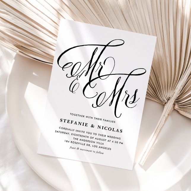 Black Mr. und Mrs. Rustic Calligraphy Wedding Einladungspostkarte (Black Mrs and Mrs Rustic Calligraphy Wedding Invitation Postcard)