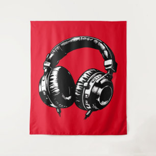 Black Music Headphones DJ Party Signature Art Wandteppich