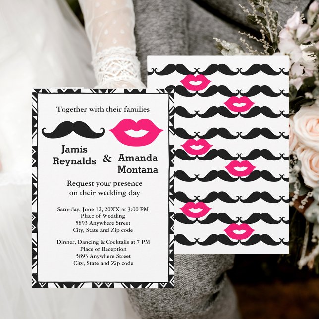 Black Mustache und Pink Lips Couple Wedite Einladu Einladung (Black Mustache and Pink Lips Couple Wedding Invite)