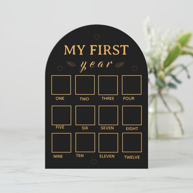 Black my first year photo frame template einladung (Stehend Vorderseite)