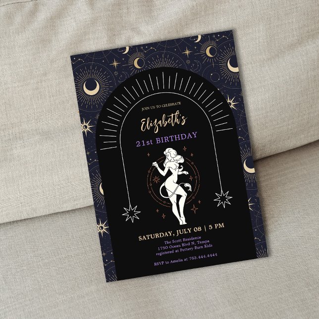 Black Mystic Leo Zodiac 21. Geburtstag Einladung (Black Mystic Leo Zodiac 21st Birthday Invitation)
