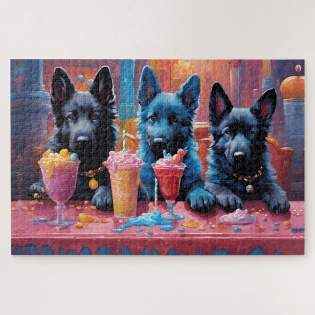 Black N Blue German Shepherds Welpen N Milkshakes Puzzle (Horizontal)