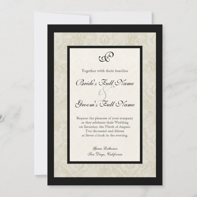 Black n Cream Lilie Damask Wedding Einladung (Vorderseite)