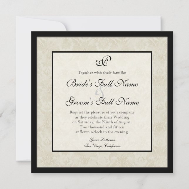 Black n Cream Lilie Damask Wedding Einladung (Vorderseite)