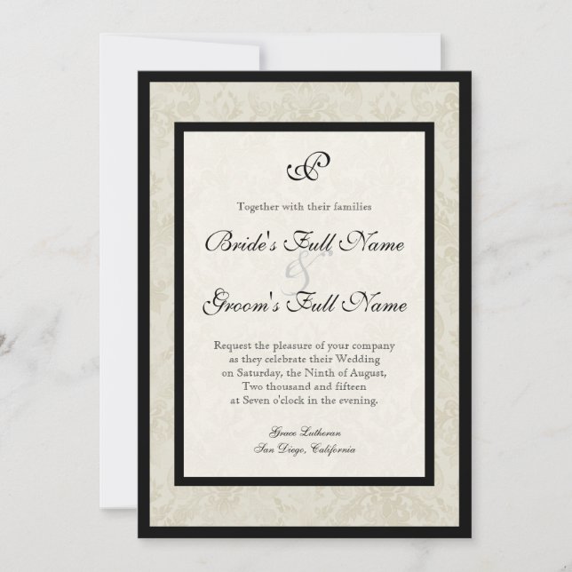 Black n Cream Lilie Damask Wedding Einladung (Vorderseite)