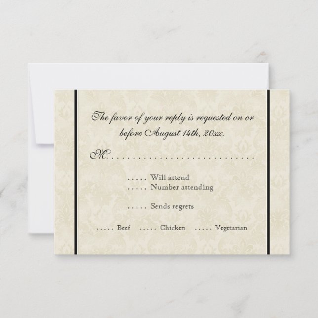 Black n Cream Lilie Damask Wedding RSVP Karte (Vorderseite)