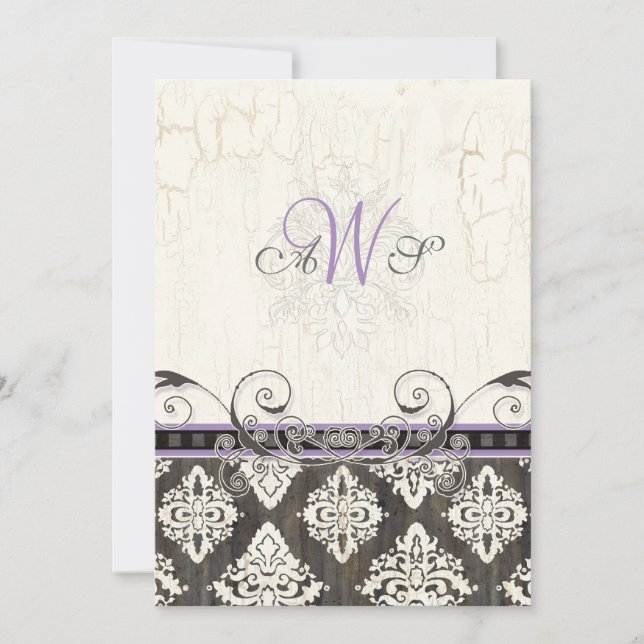 Black 'n White Damask (lilac) Einladung zur Hochze (Vorderseite)