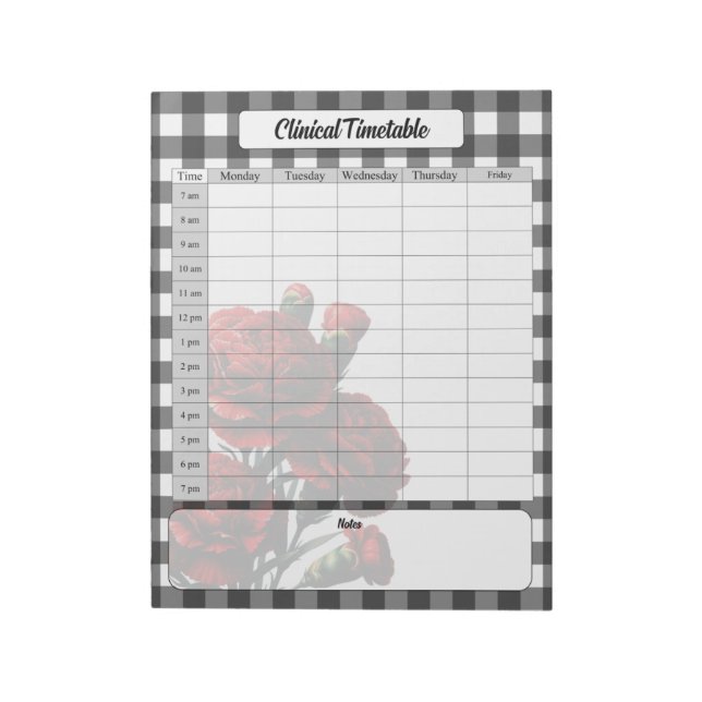 Black n White Floral Gingham _ Klinischer Zeitplan Notizblock (Rotiert)