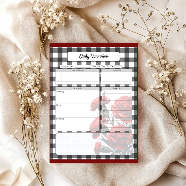 Black n White Floral Gingham _ Täglicher Überblick Notizblock (Von Creator hochgeladen)