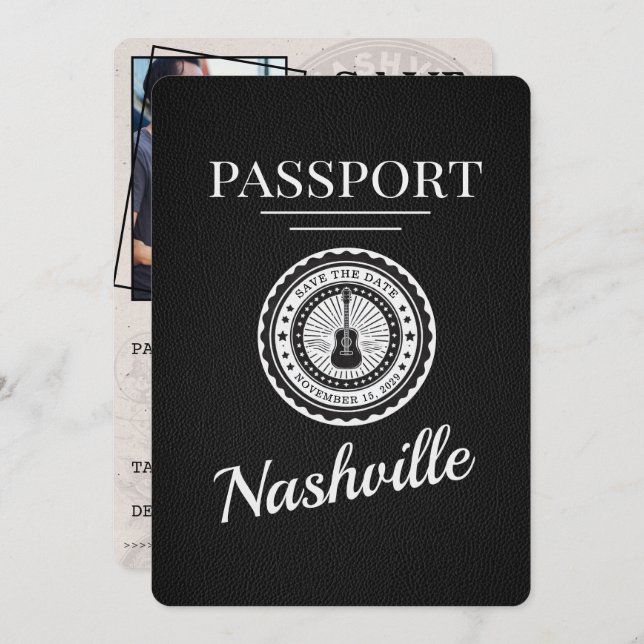 Black Nashville Passport Save the Date (Vorne/Hinten)