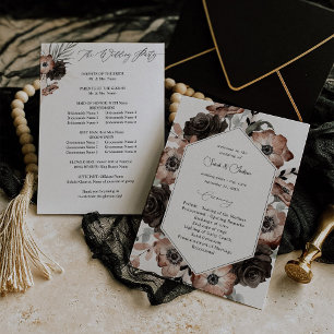 Black & Natural Floral Boho Hochzeitsprogramm Einladung