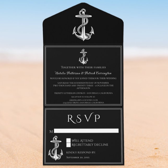 Black Nautical Anchor All in One Wedite Einladung (Black Nautical Anchor All in One Wedding Invite)