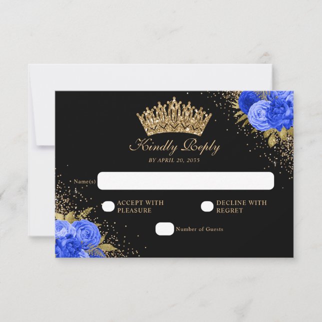 Black Navy Blue Gold Glitzer Floral Quinceanera RSVP Karte (Vorderseite)