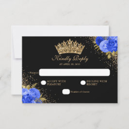 Black Navy Blue Gold Glitzer Floral Quinceanera RSVP Karte