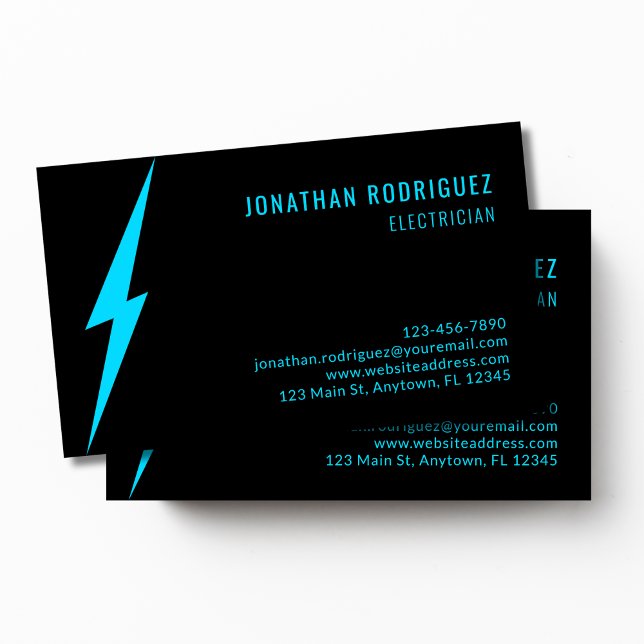 Black Neon Blue Lighting Bolt Custom Electrician Visitenkarte (Von Creator hochgeladen)