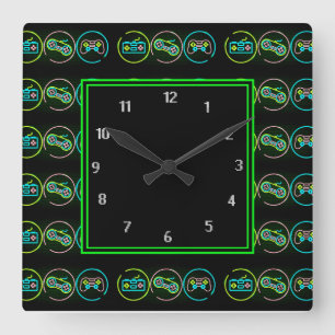 Black & Neon Gamer Quadratische Wanduhr