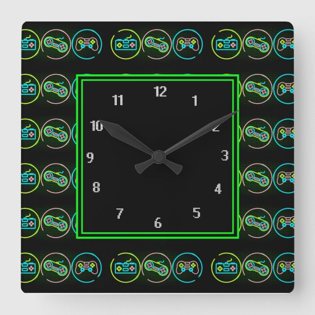 Black & Neon Gamer Quadratische Wanduhr (Vorderseite)