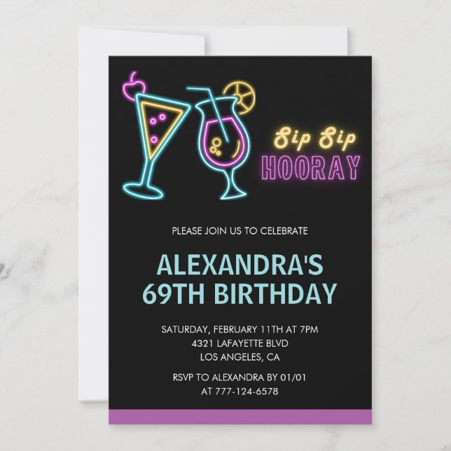 Black Neon Glow Cocktail Martini 69. Geburtstag Einladung (Vorderseite)