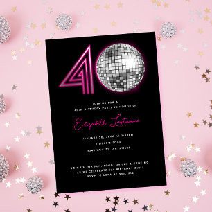 Black Neon Pink Disco Ball 40. Geburtstag Einladung
