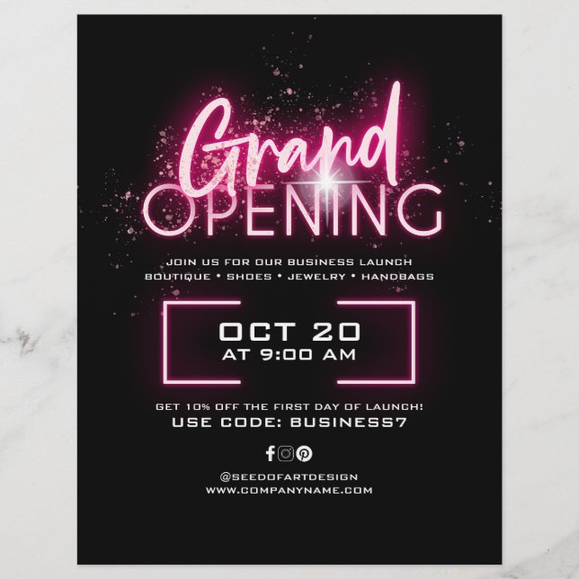 Black Neon Pink Glittery Business Grand Opening Ad Flyer (Vorne)