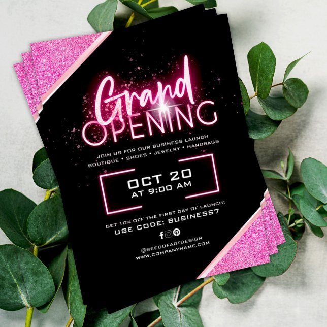 Black Neon Pink Glittery Business Grand Opening Ad Flyer (Von Creator hochgeladen)
