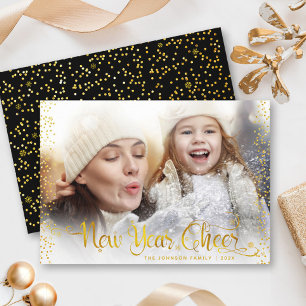 Black New Year Chef Gold Glitzer Foto Modernes Feiertagskarte
