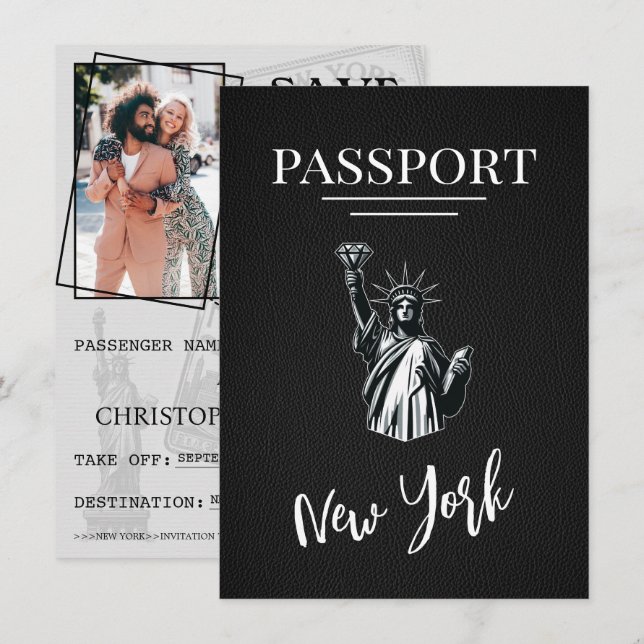 Black New York City Passport Save the Date (Vorne/Hinten)