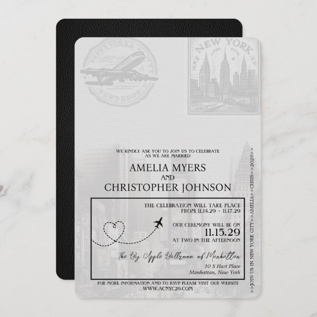 Black New York City Passport Wedding Einladung (Vorne/Hinten)