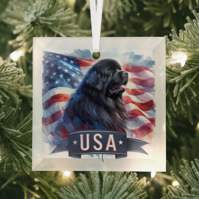 Black Newfie Patriotic  Ornament Aus Glas (Insitu)