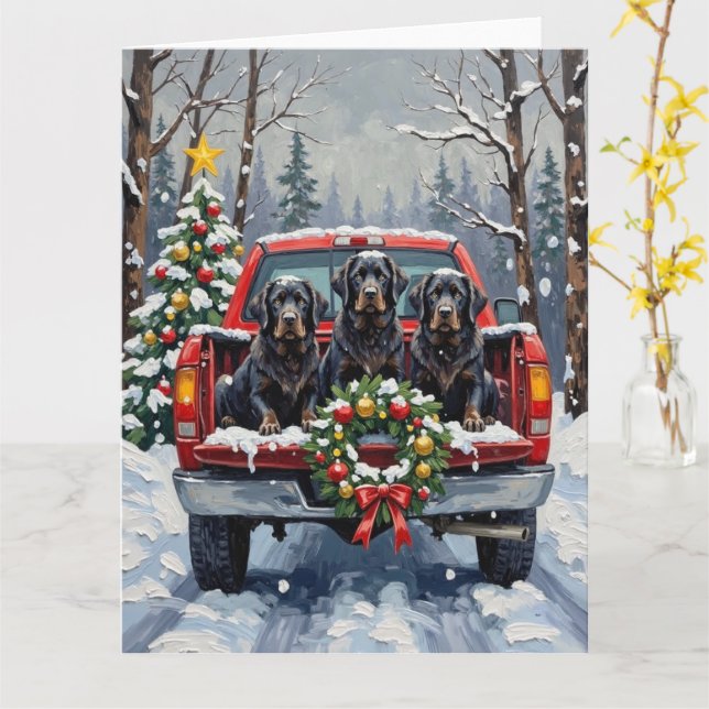 Black Newfoundland Christmas Red Truck Holiday Karte (Gelbe Blume)