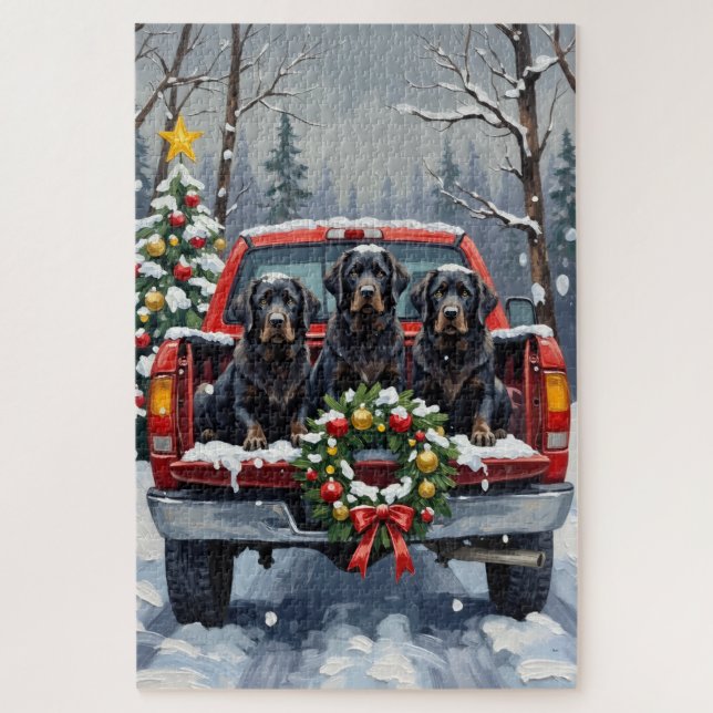 Black Newfoundland Christmas Red Truck Holiday Puzzle (Vertikal)